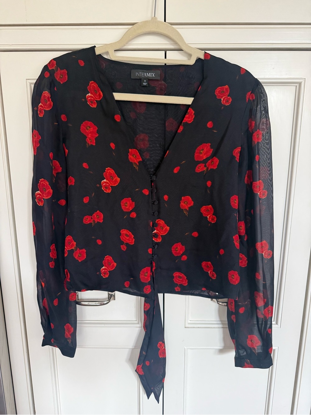 INTERMIX 100% Silk Navy Blouse with Red Floral Print and Front Tie
